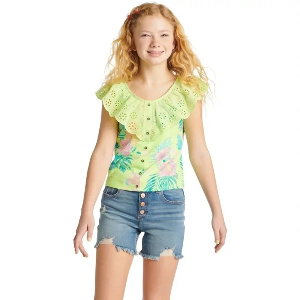 Justice Girls Lime Green Tropical Print Button Front Tank Top Size S